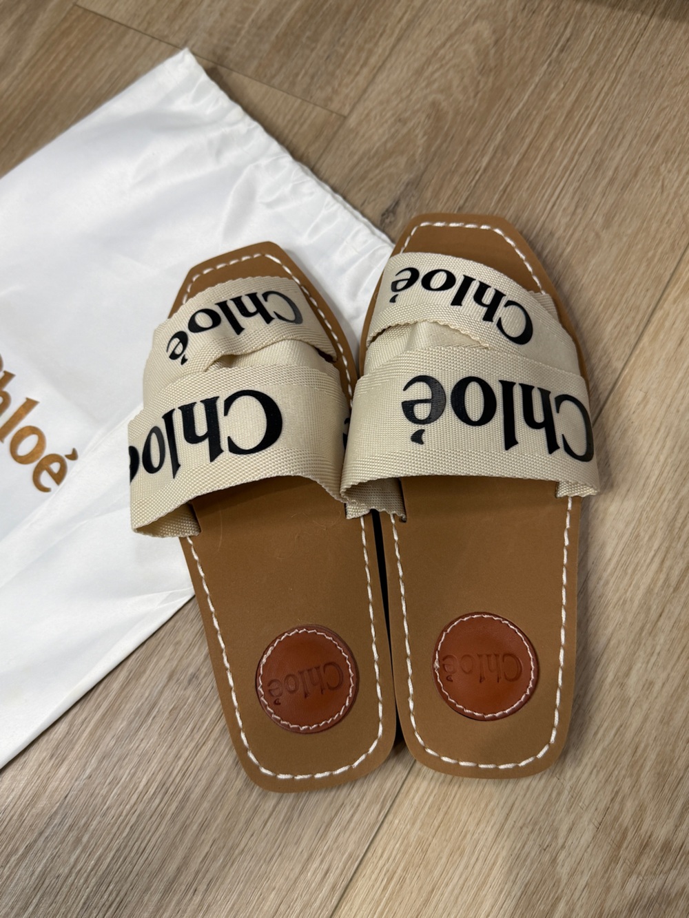 Beige Woody Logo-print Canvas Slides